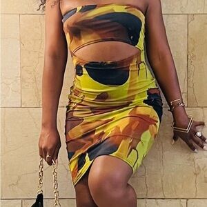 🌟 Strapless Brown & Green Dress | Peek-A-Boo Cut-Out | Worn Once | Size Small